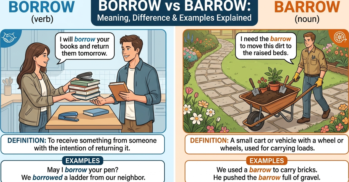 Borrow vs Barrow: Meaning, Difference & Examples Explained