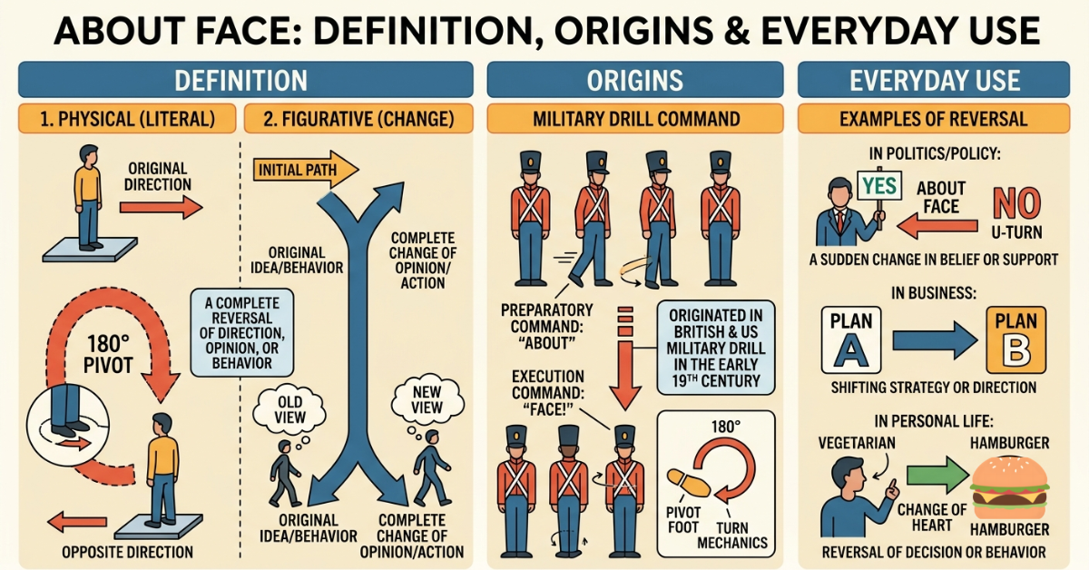 About Face Meaning: Definition, Origins & Everyday Use