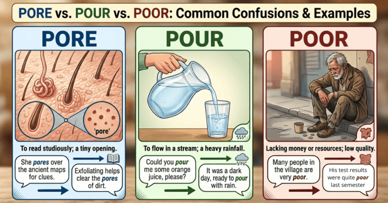 Pore vs Pour vs Poor: Differences & Examples