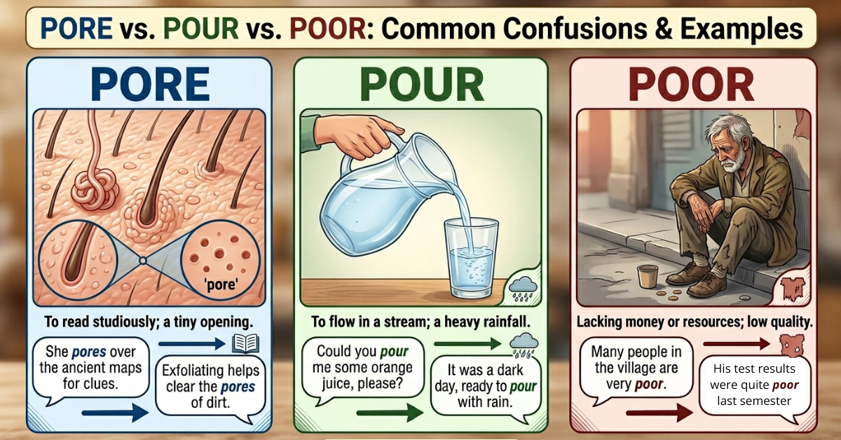 Pore vs Pour vs Poor: Differences & Examples