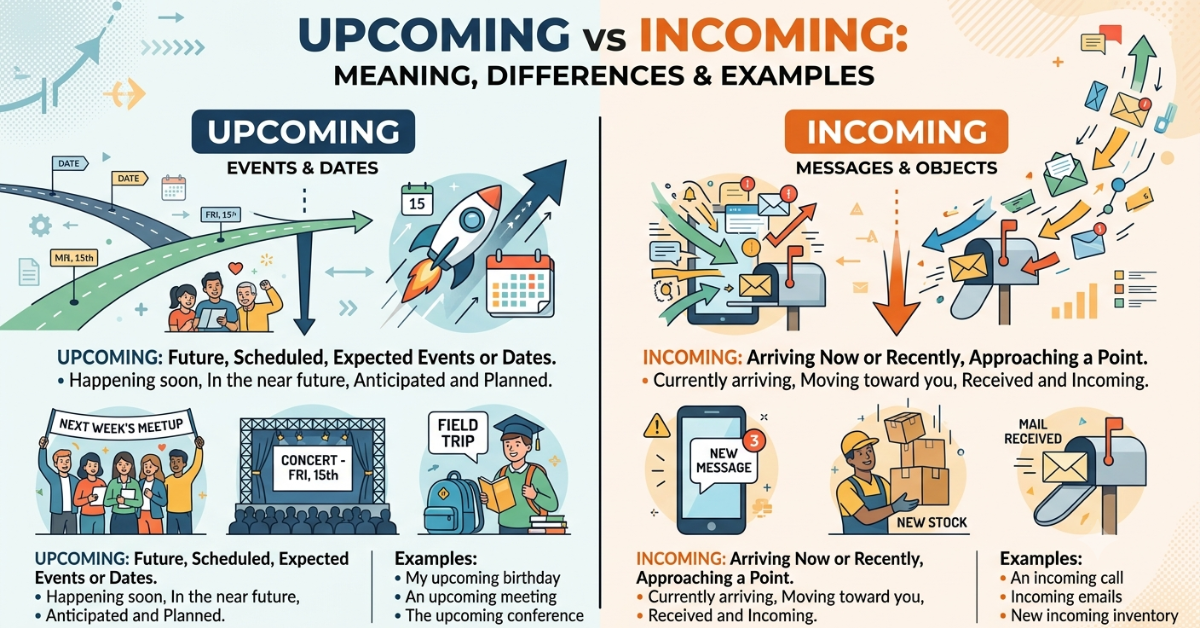 Upcoming vs Incoming: Meaning, Differences & Examples