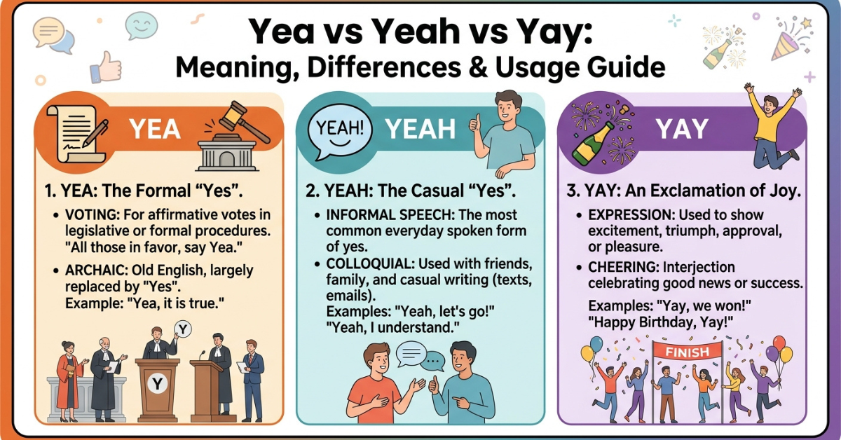 Yea vs Yeah vs Yay: Meaning, Differences & Usage Guide